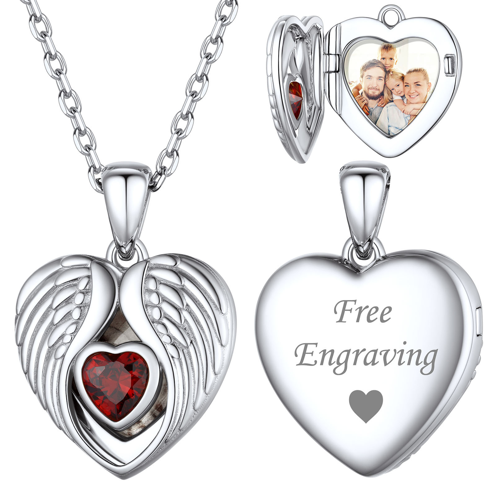 Personalized Photo Locket Pendant Birthstone Necklace for Women silver