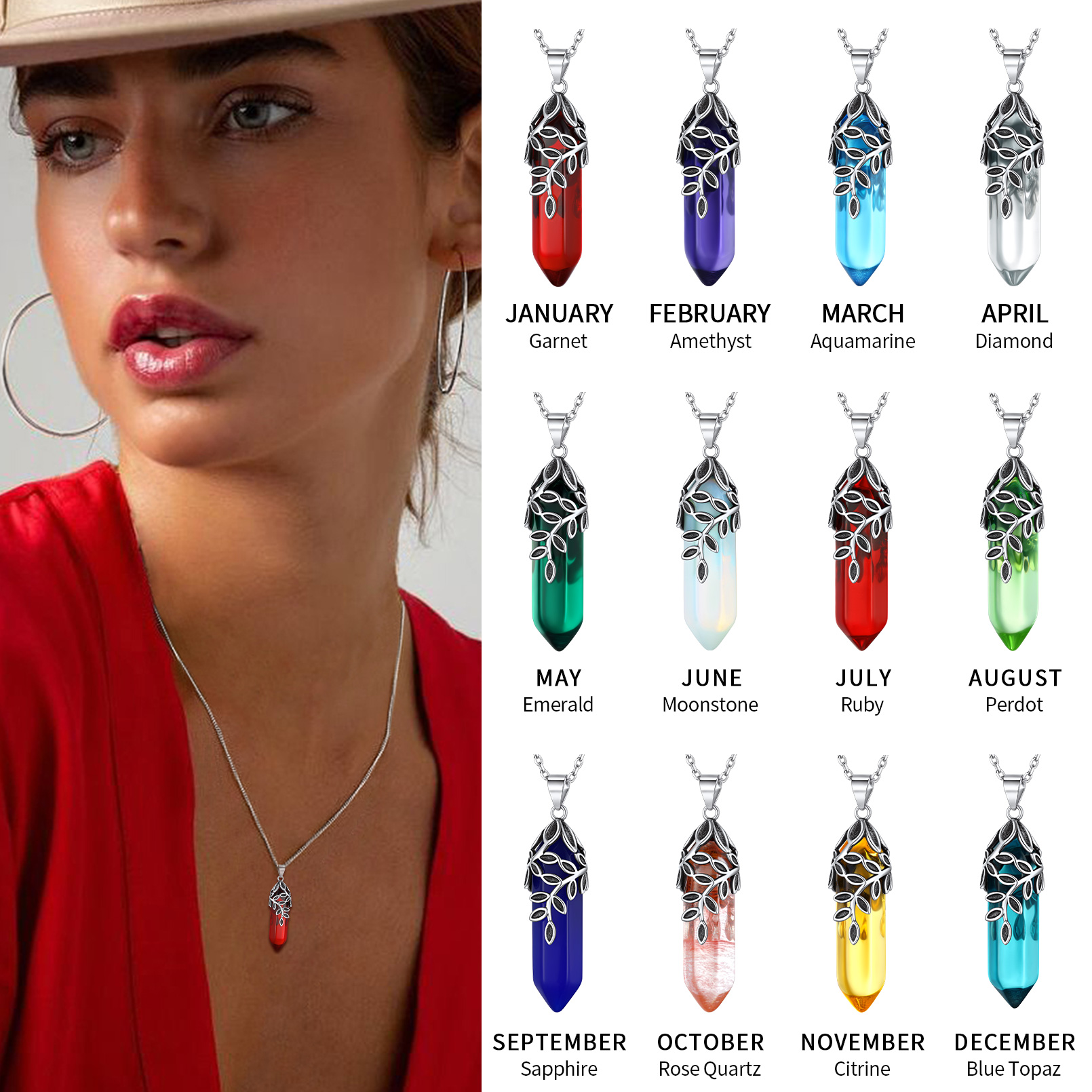 Birthstone Olive Leaf  Pendant Necklace for women collection