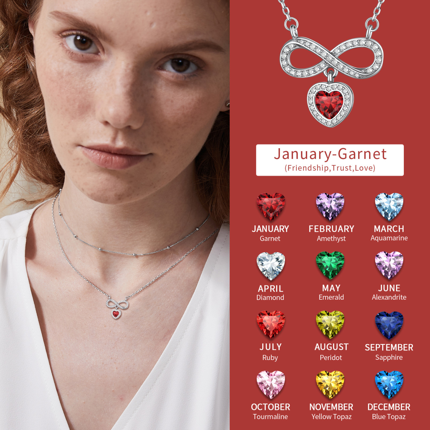  Birthstone Crystals Infinity Love Heart Pendant Necklace 12 months