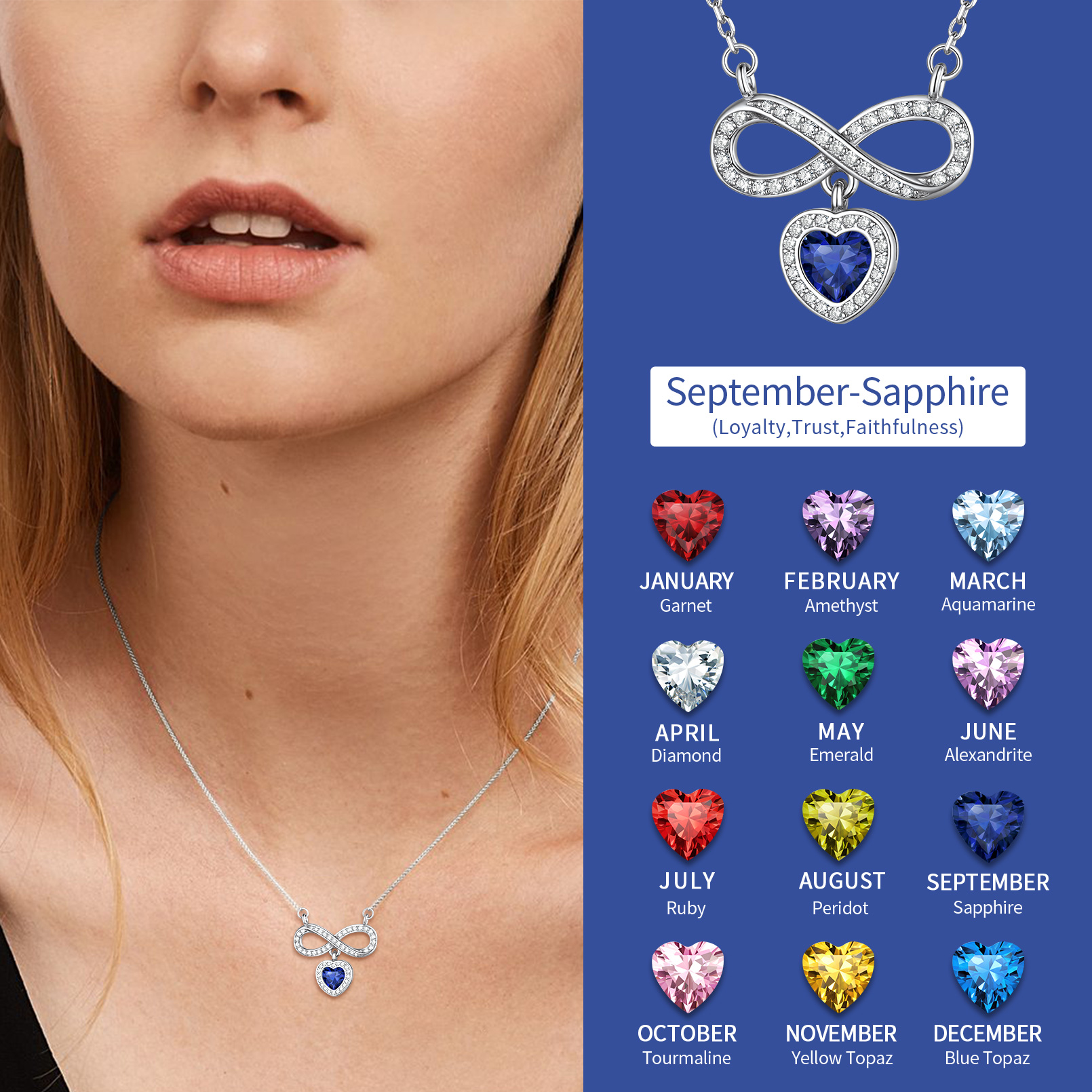  Birthstone Infinity Love Heart Pendant Necklace