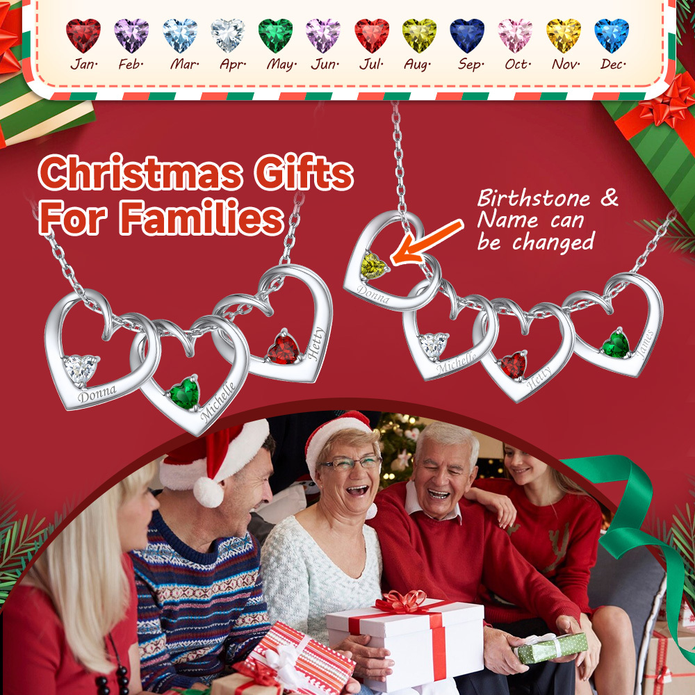 Personalized Name Family Birthstones Necklace With 1-5 Hearts christmas