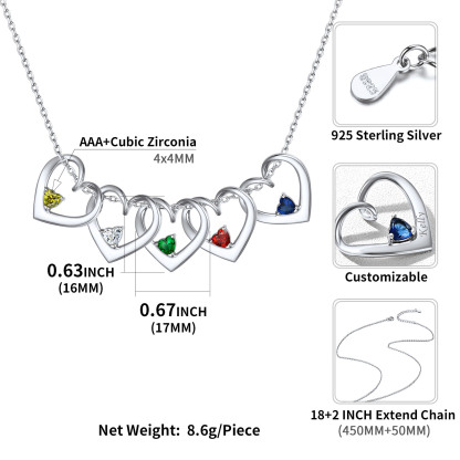 Personalized Name Family Birthstones Necklace With 5 Hearts detail