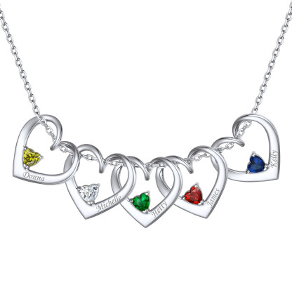 Personalized Name Family Birthstones Necklace With 5 2 Hearts silver