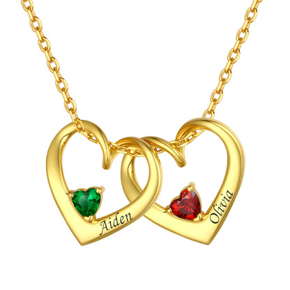 Personalized Name Family Birthstones Necklace With  2 Hearts gold