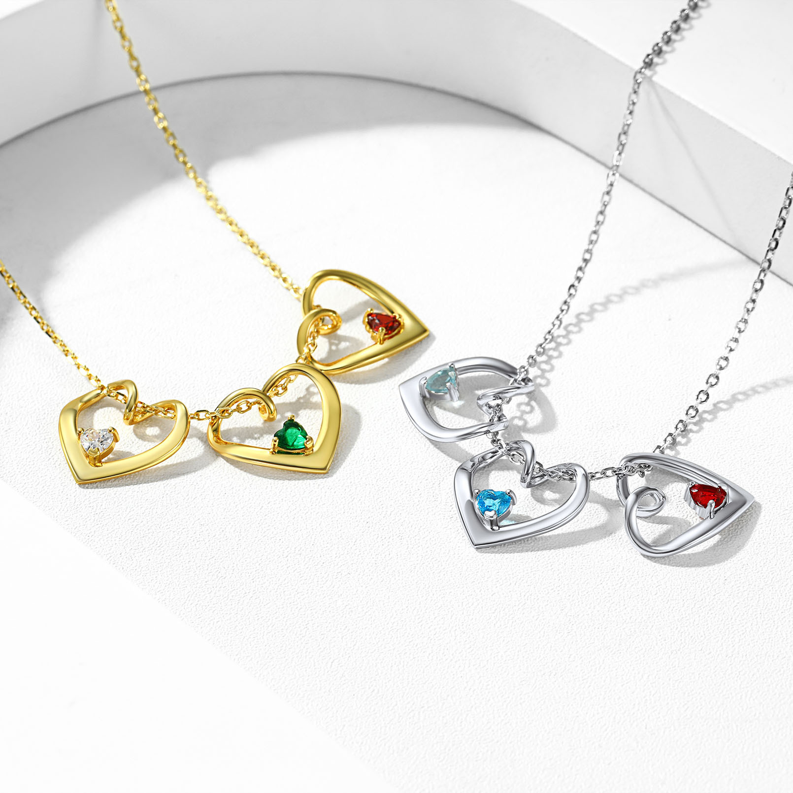 Personalized Name Family Birthstones Necklace With 1-5 Hearts collection