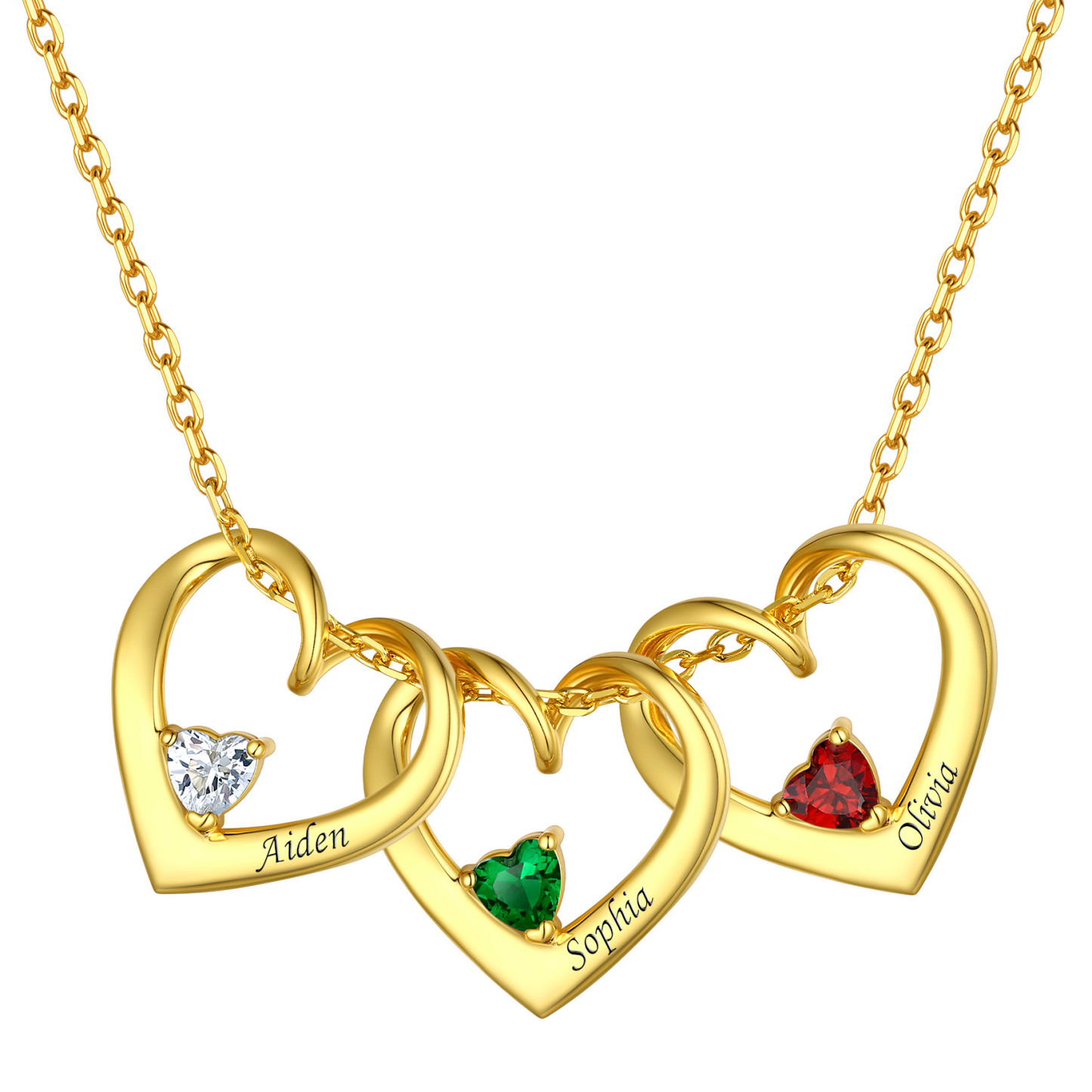 Personalized Name Family Birthstones Necklace With 3 Hearts gold