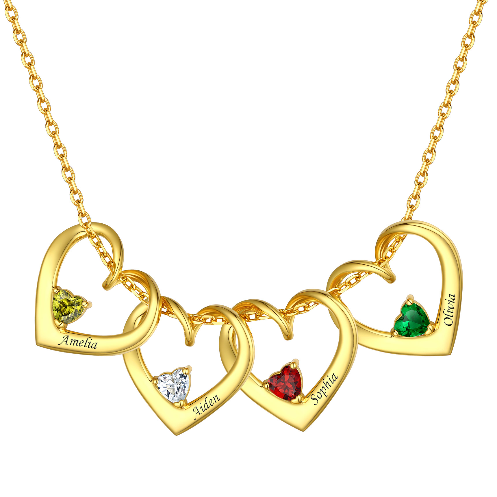 Personalized Name Family Birthstones Necklace With 4 Hearts gold