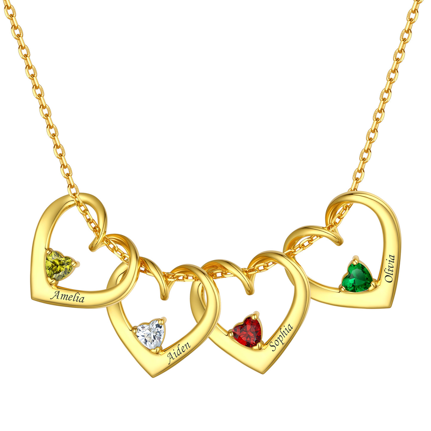 Personalized Name Family Birthstones Necklace With 4 Hearts gold
