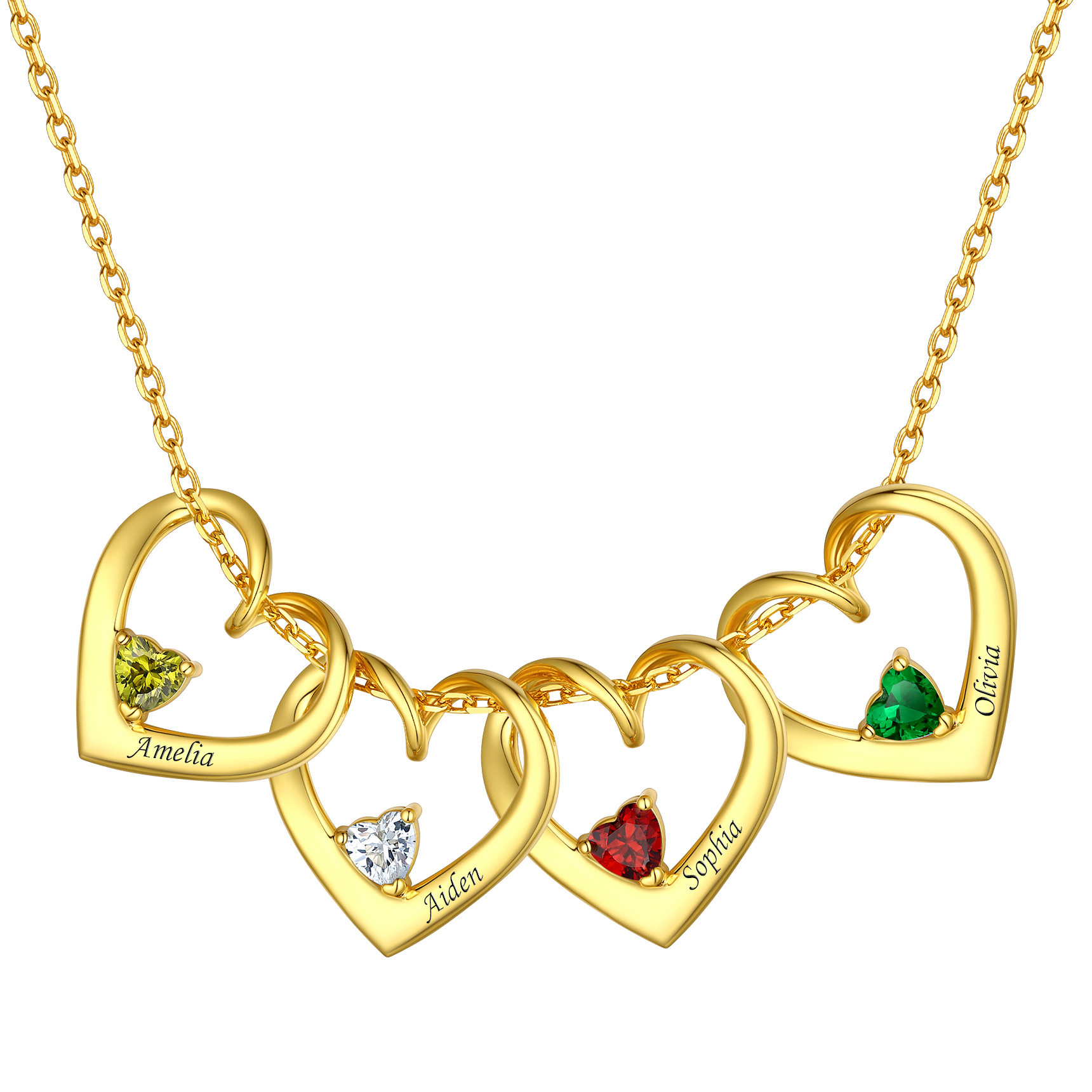 Personalized Name Family Birthstones Necklace With 4 Hearts gold