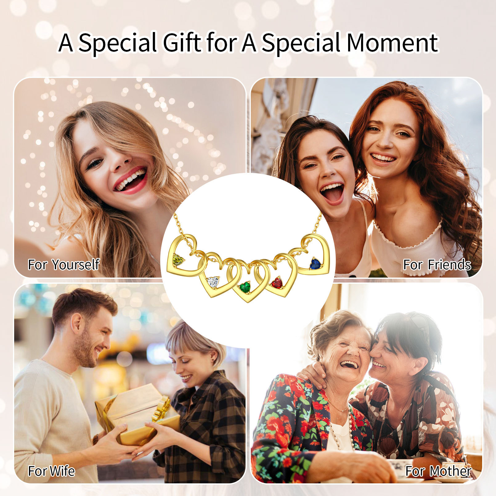 Personalized Name Family Birthstones Necklace With 1-5 Hearts gift for