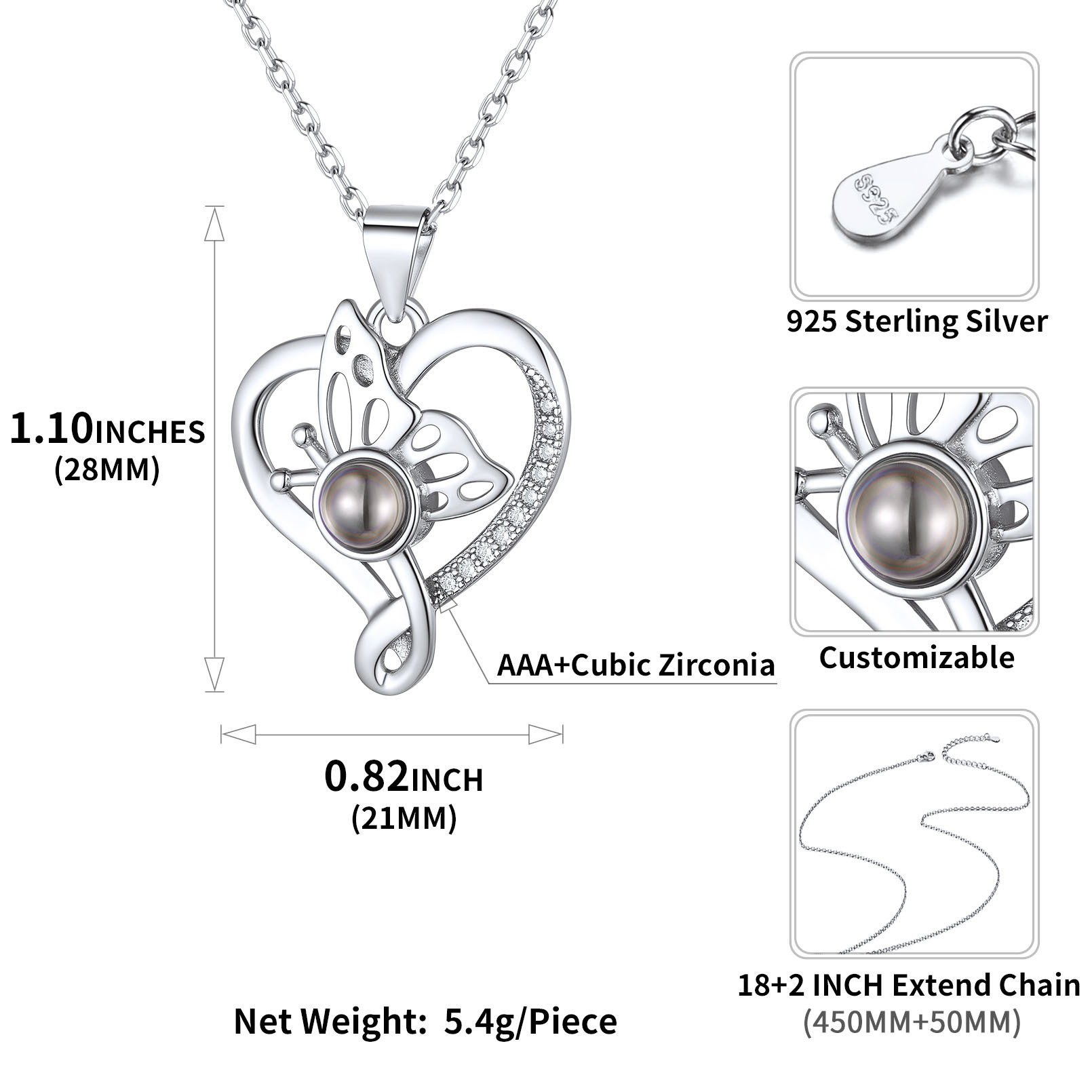 Personalized Photo Projection Butterfly Pendant Necklace detail