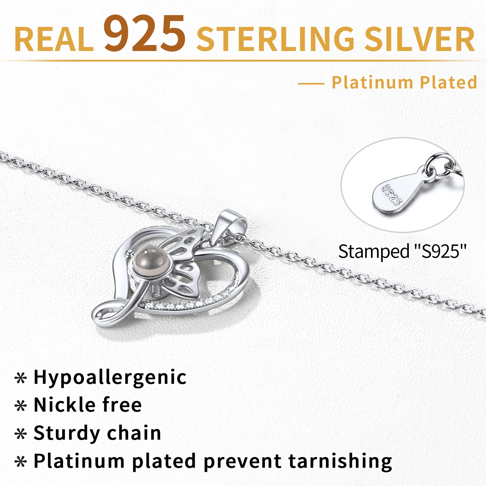 Personalized Photo Projection Butterfly Pendant Necklace  925 SILVER