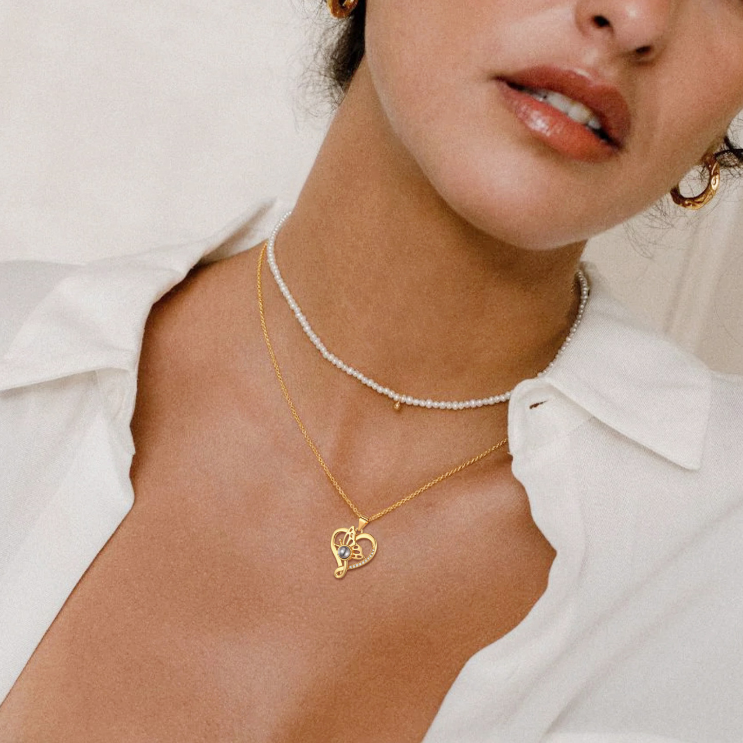Personalized Photo Projection Butterfly Pendant Necklace gold model
