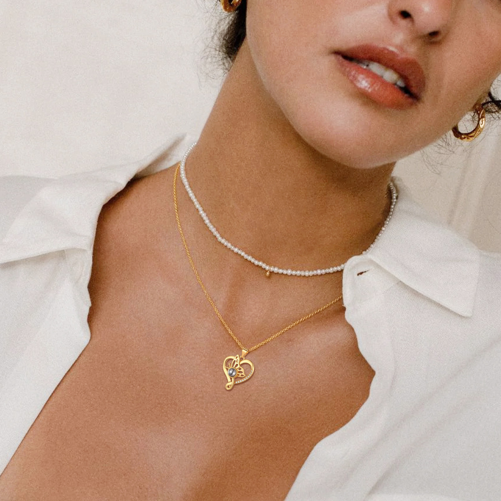 Personalized Photo Projection Butterfly Pendant Necklace gold model