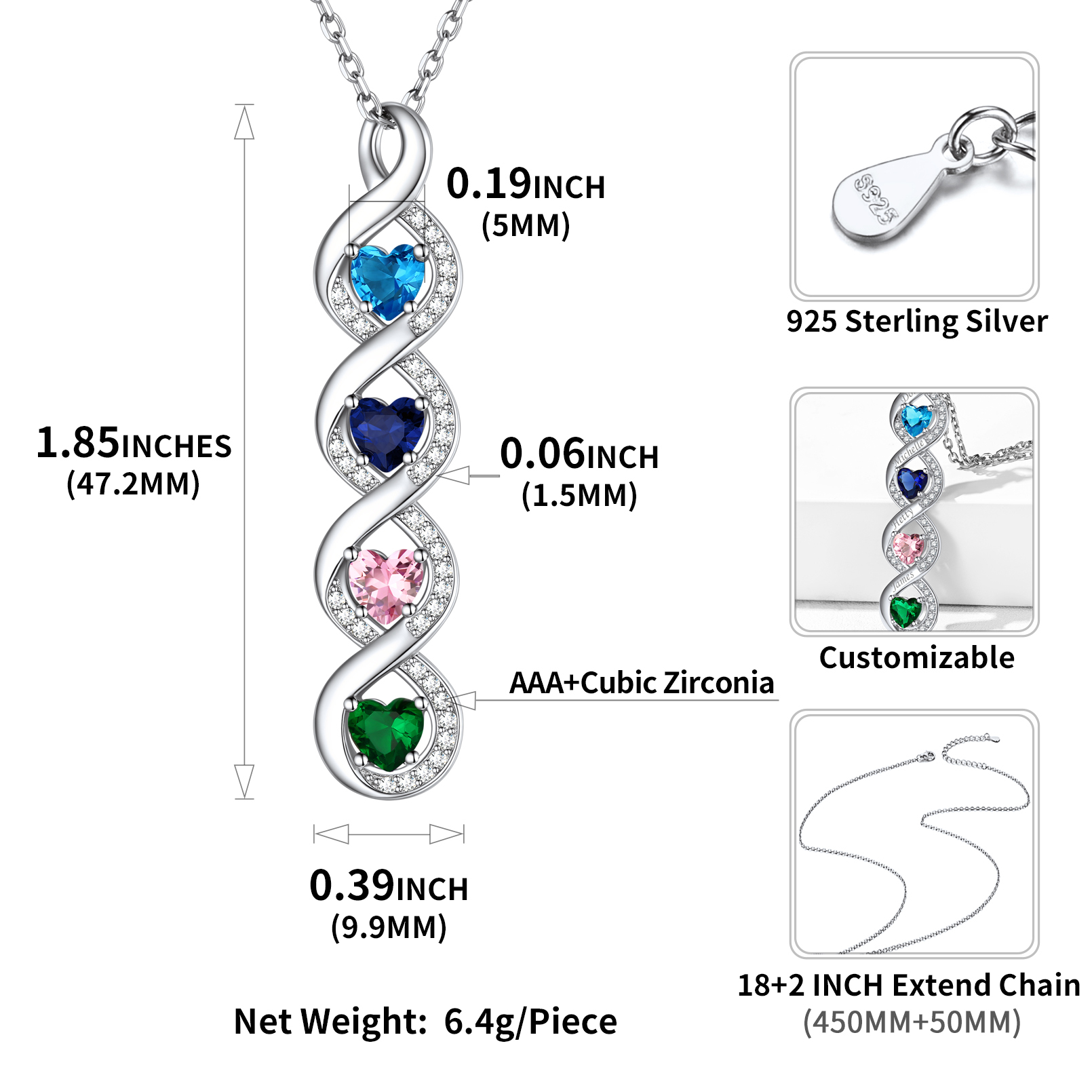 Custom Name Infinity Necklace With 1-4 Heart Birthstones size 4