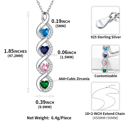 Custom Name Infinity Necklace With 1-4 Heart Birthstones size 4