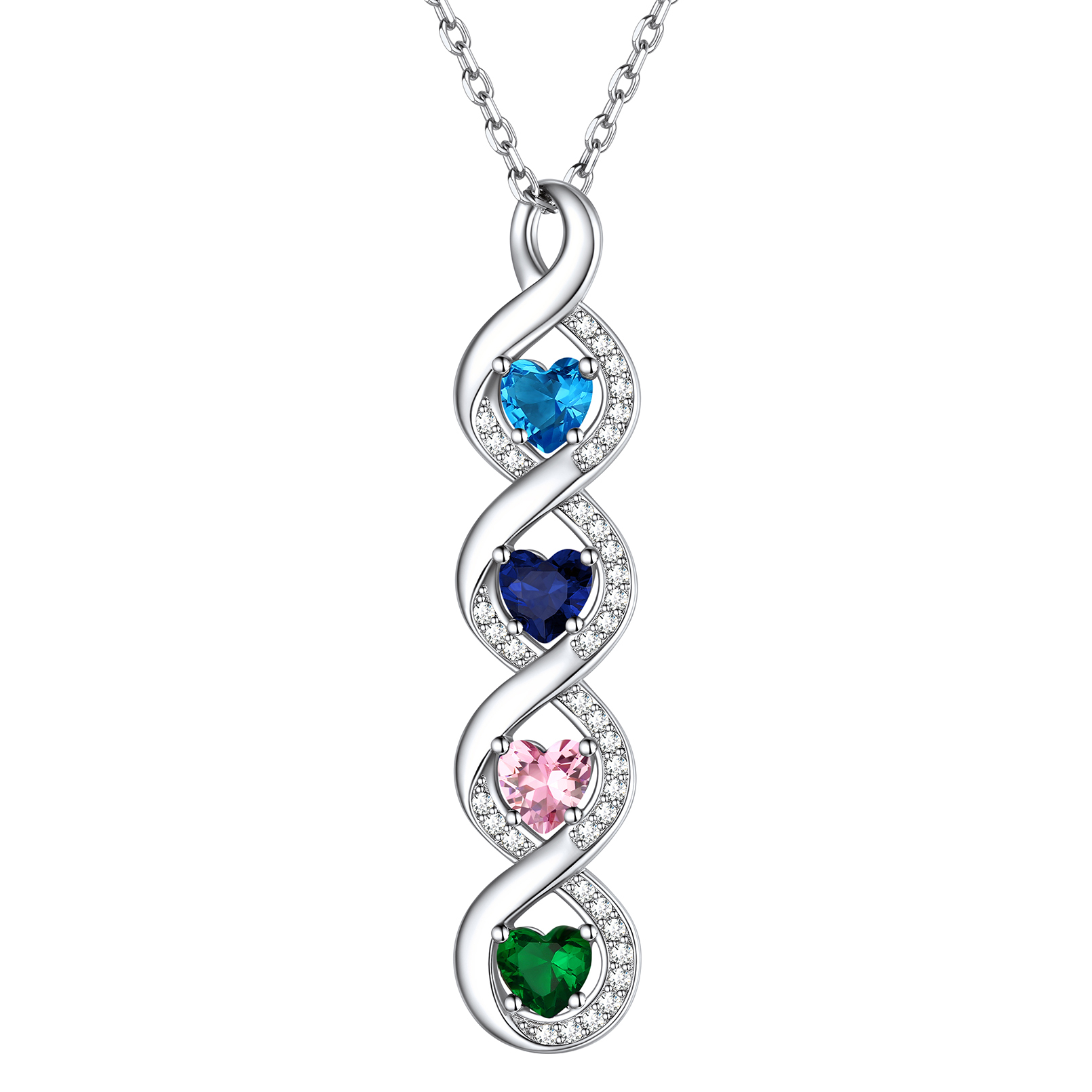 Custom Name Infinity Necklace With 1-5 Heart Birthstones 4 stones