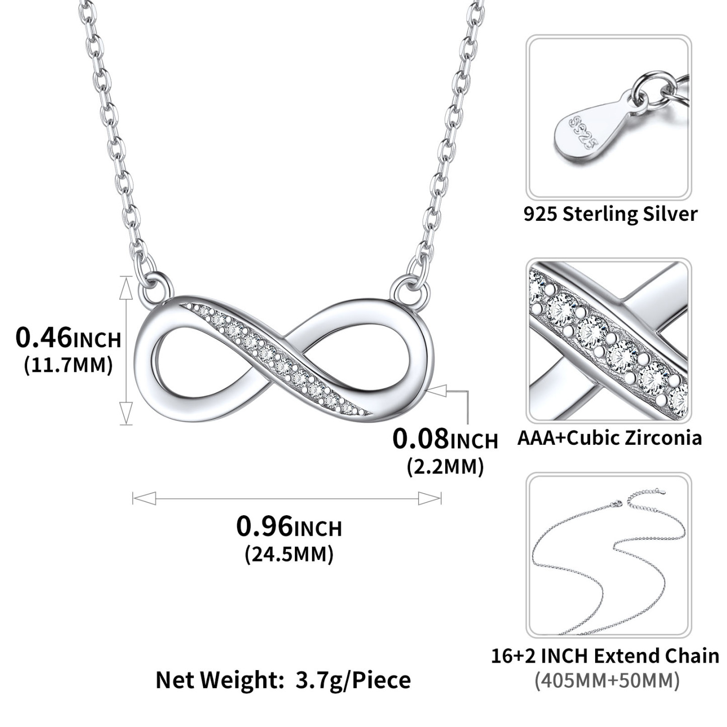 925 Sterling Silver Infinity CZ Necklace for Women detail