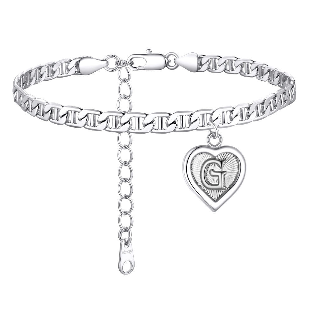 Mariner Chain Initial Heart Charm Anklet for Women