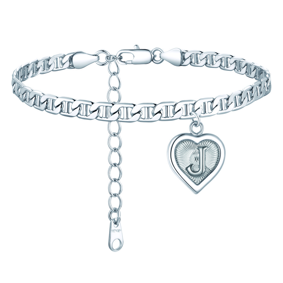 Mariner Chain Initial Heart Charm Anklet for Women