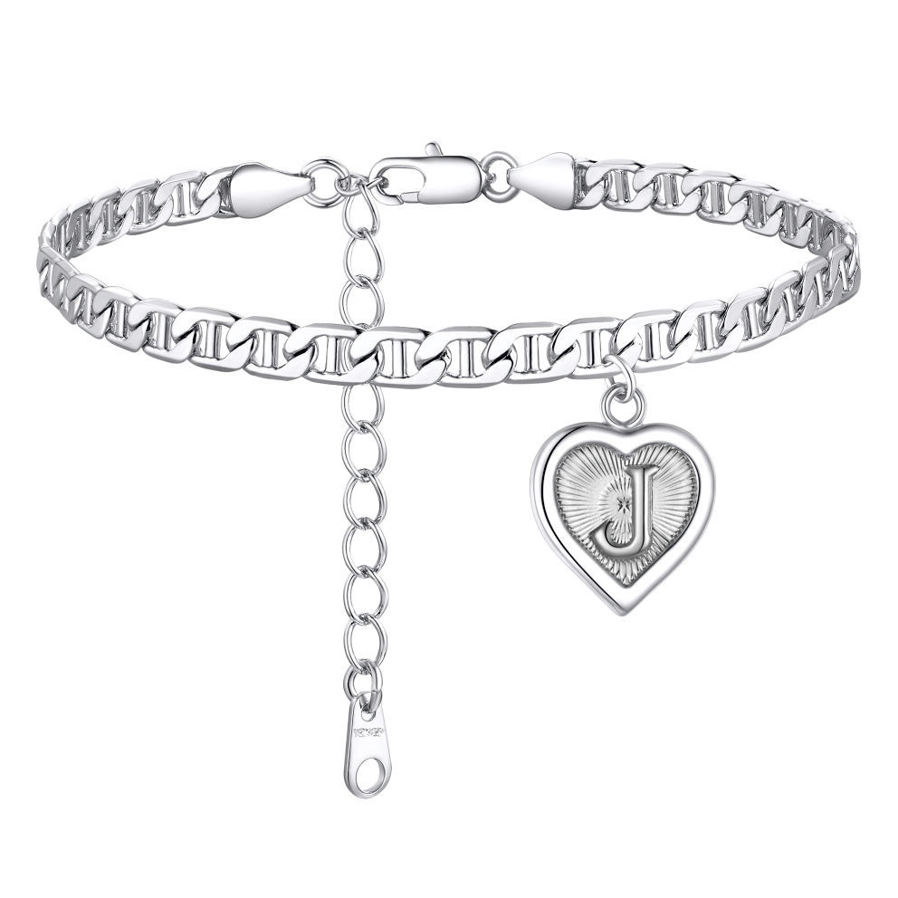 Mariner Chain Initial Heart Charm Anklet for Women