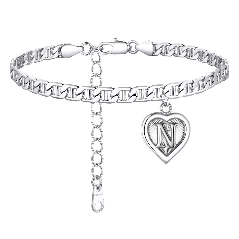 Mariner Chain Initial Heart Charm Anklet for Women