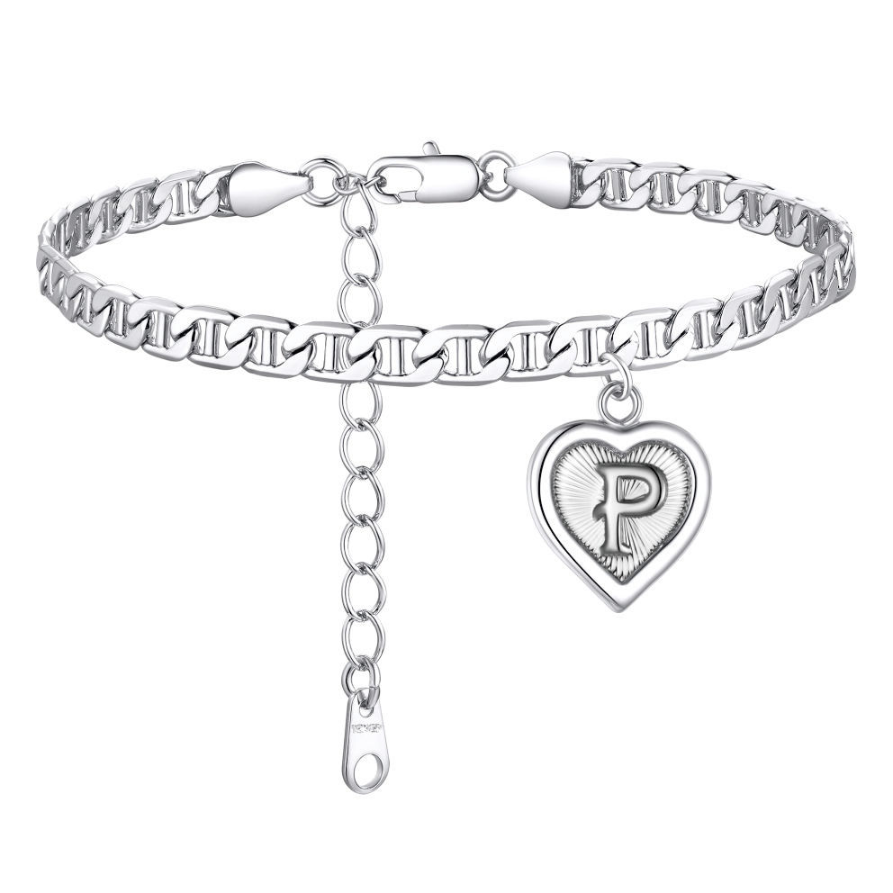 Mariner Chain Initial Heart Charm Anklet for Women