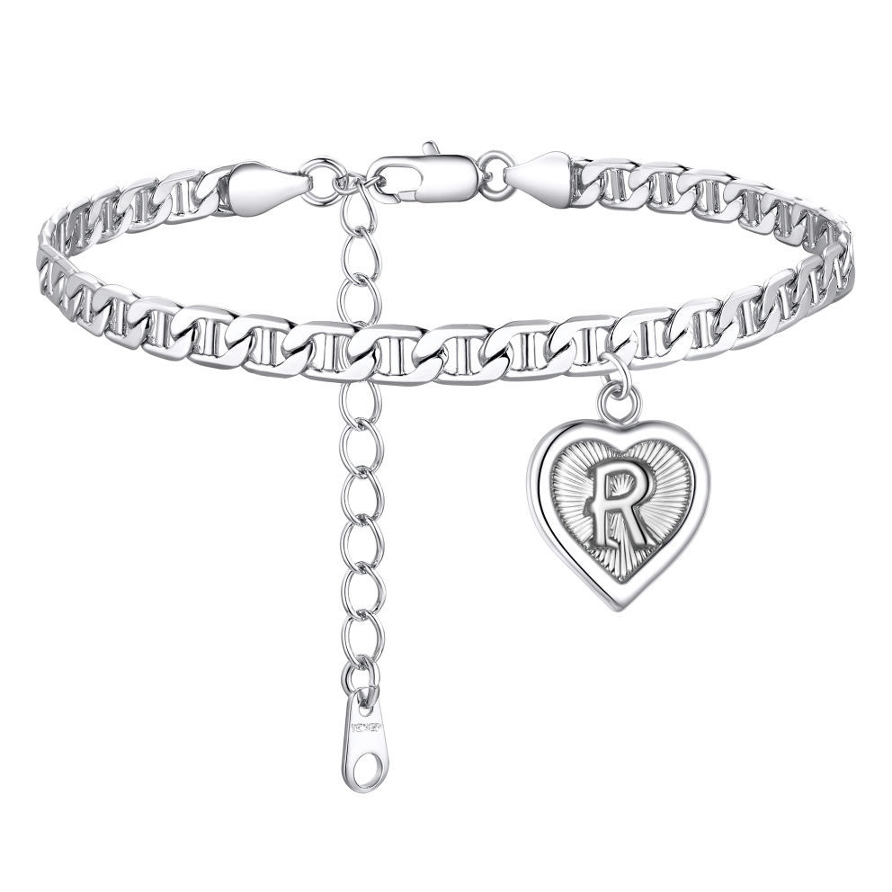 Mariner Chain Initial Heart Charm Anklet for Women