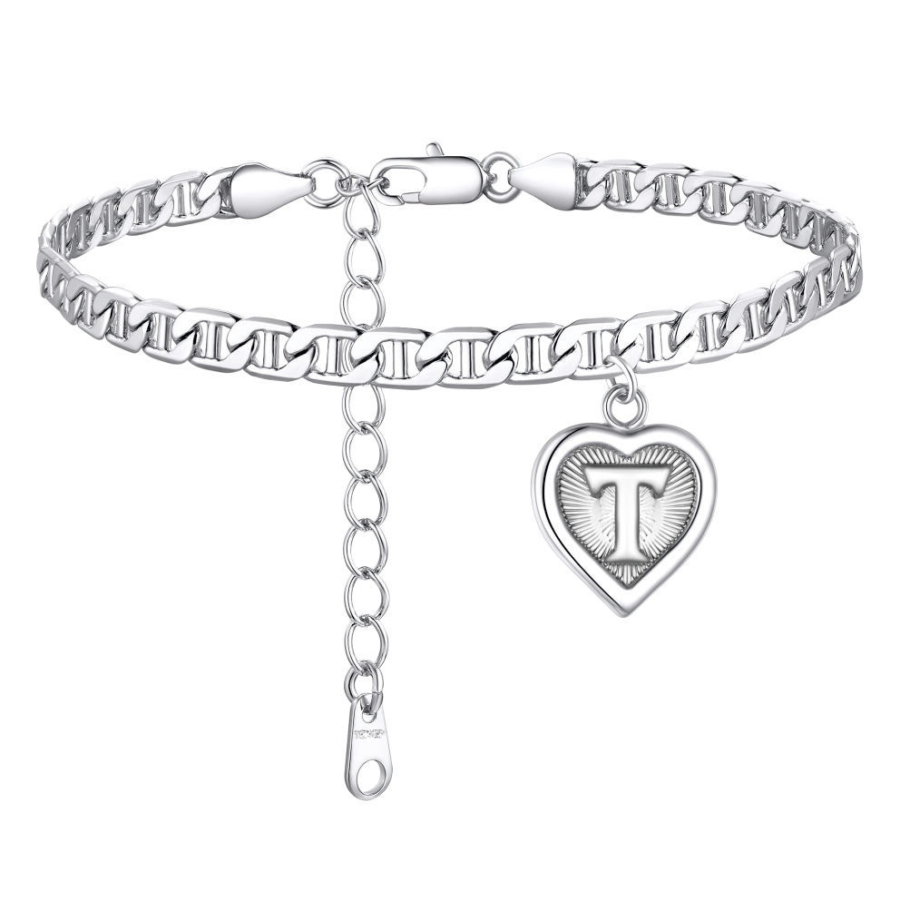 Mariner Chain Initial Heart Charm Anklet for Women