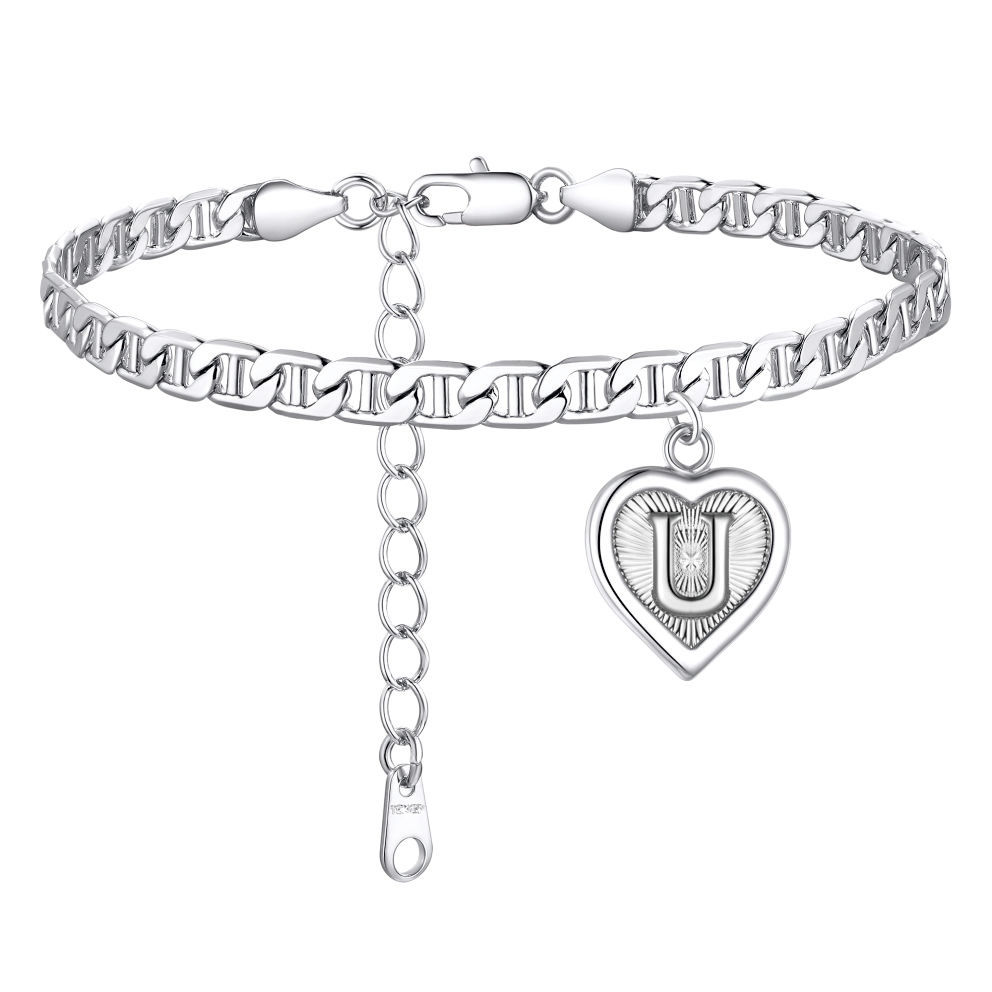 Mariner Chain Initial Heart Charm Anklet for Women