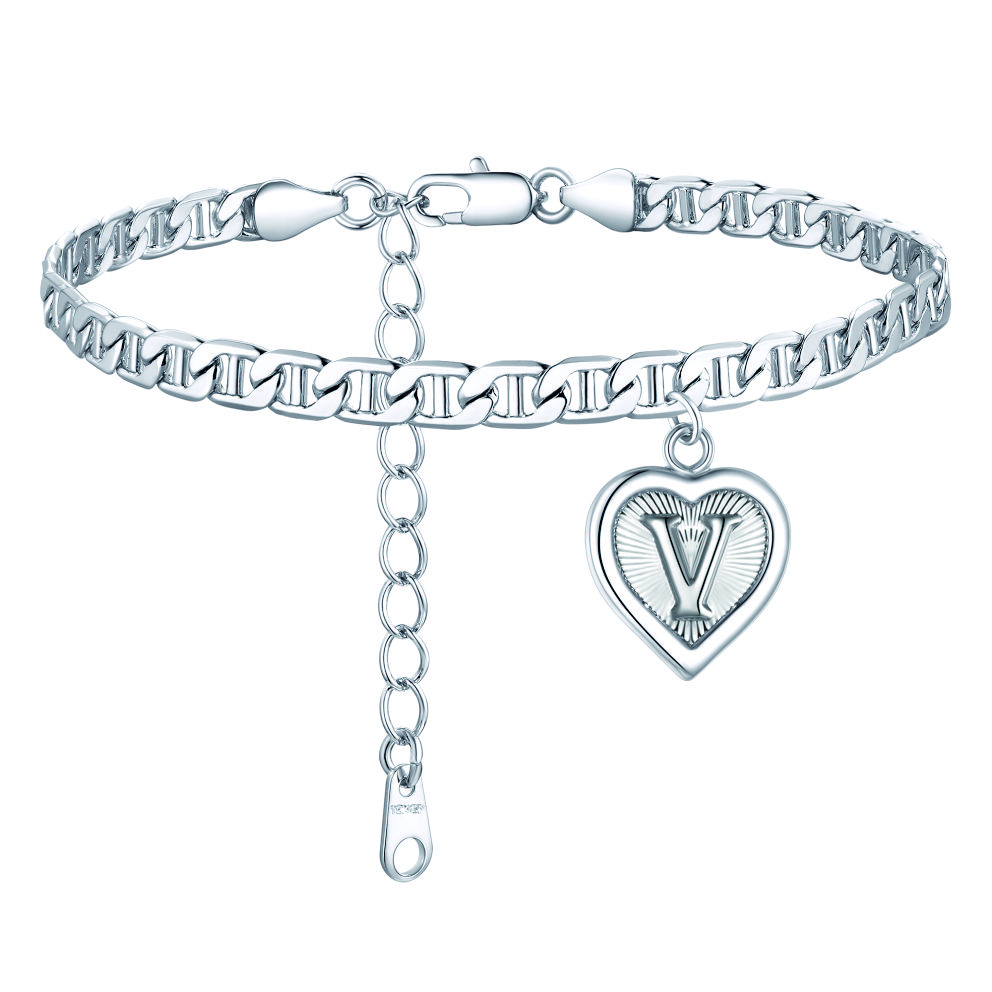 Mariner Chain Initial Heart Charm Anklet for Women