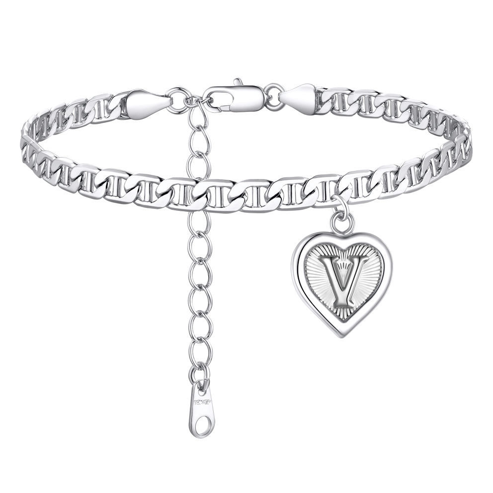 Mariner Chain Initial Heart Charm Anklet for Women