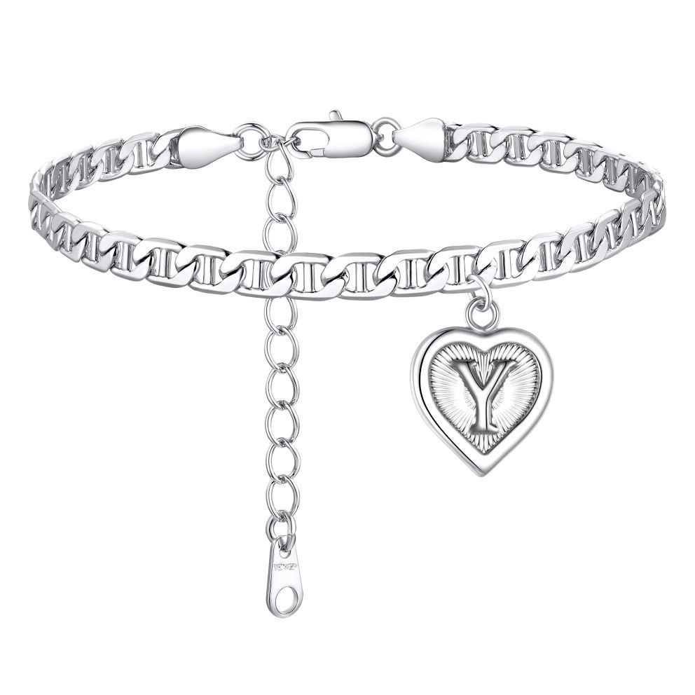 Mariner Chain Initial Heart Charm Anklet for Women