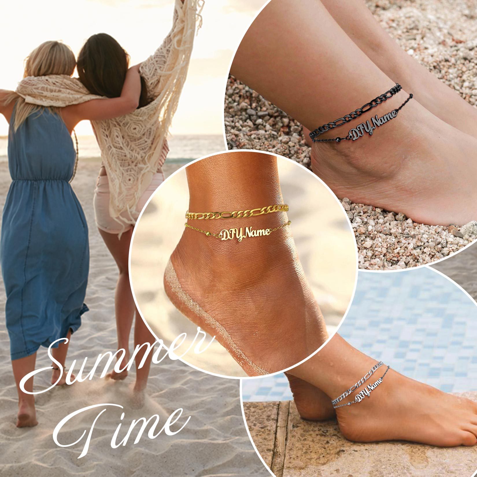 Custom Name Anklet with Figaro Chain for Women  summer time