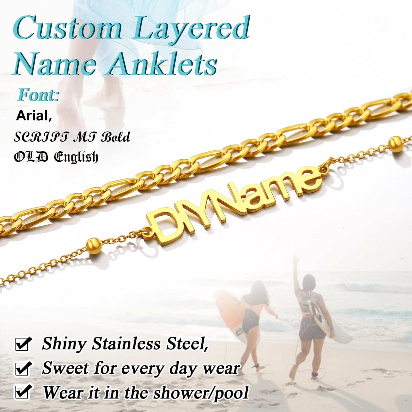 Custom Name Anklet with Figaro Chain for Women detail