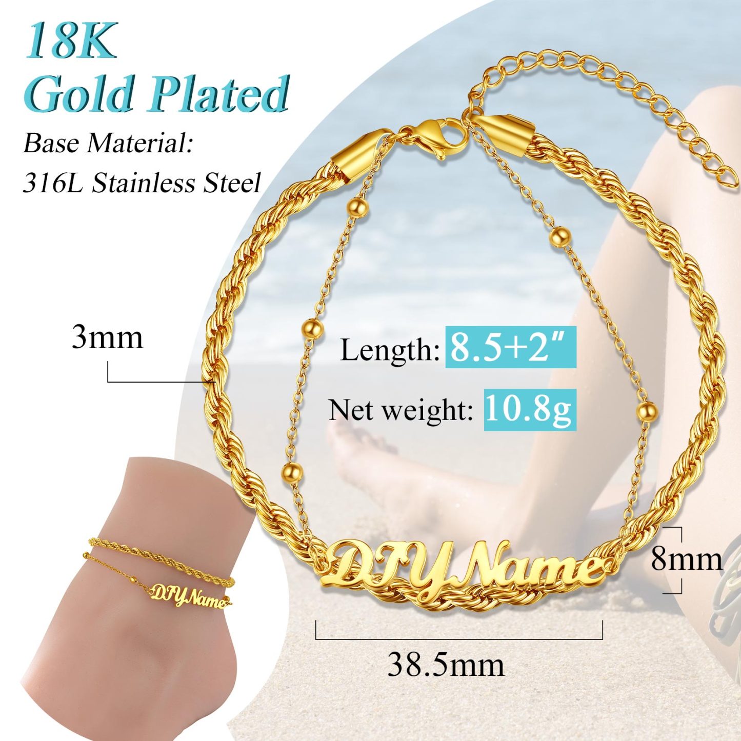 Personalized Twist Chain Name Anklets 
