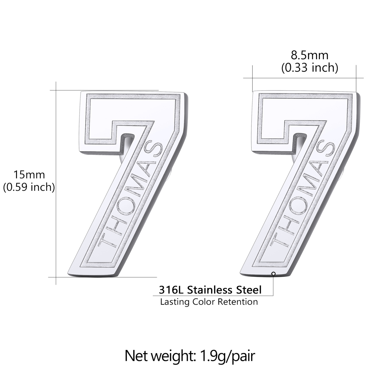 Custom Name Sport Number Stud Earrings for Men size 1