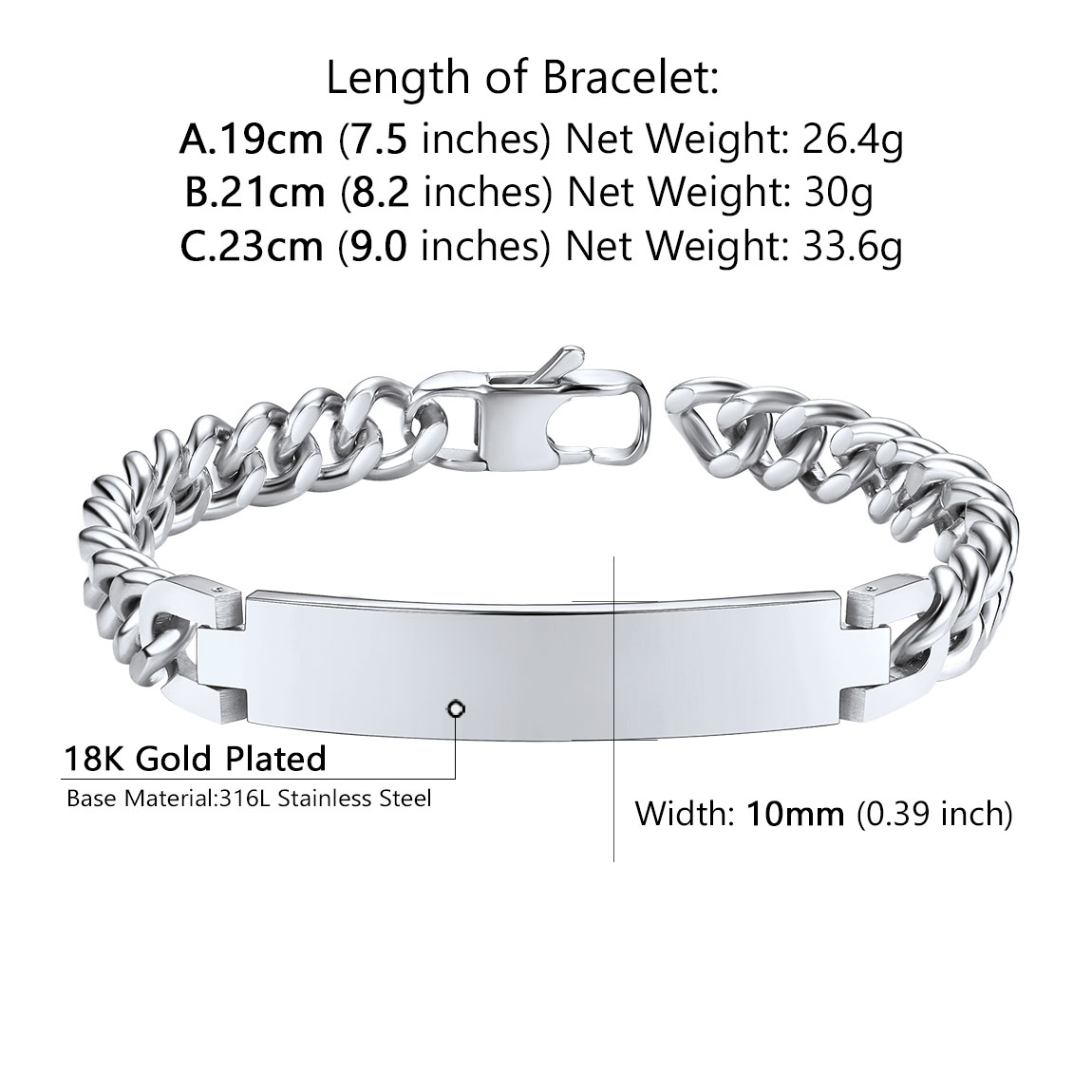 Personalized Stainless Steel Bracelet Cuban Link for Men and Women Size