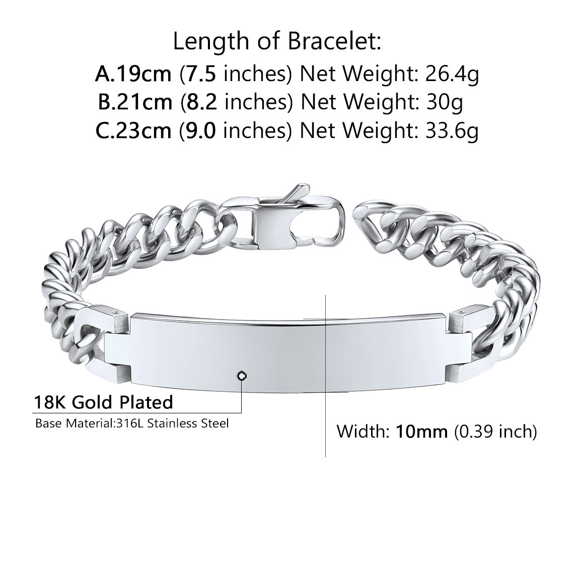 Personalized Stainless Steel Bracelet Cuban Link for Men and Women Size