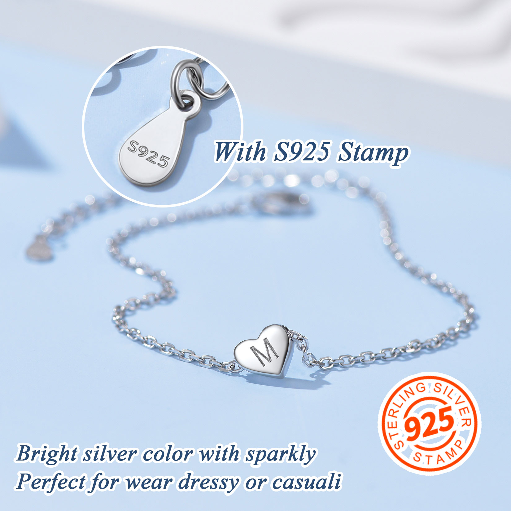 925 Sterling Silver Initial Heart Letter Bracelet for Women