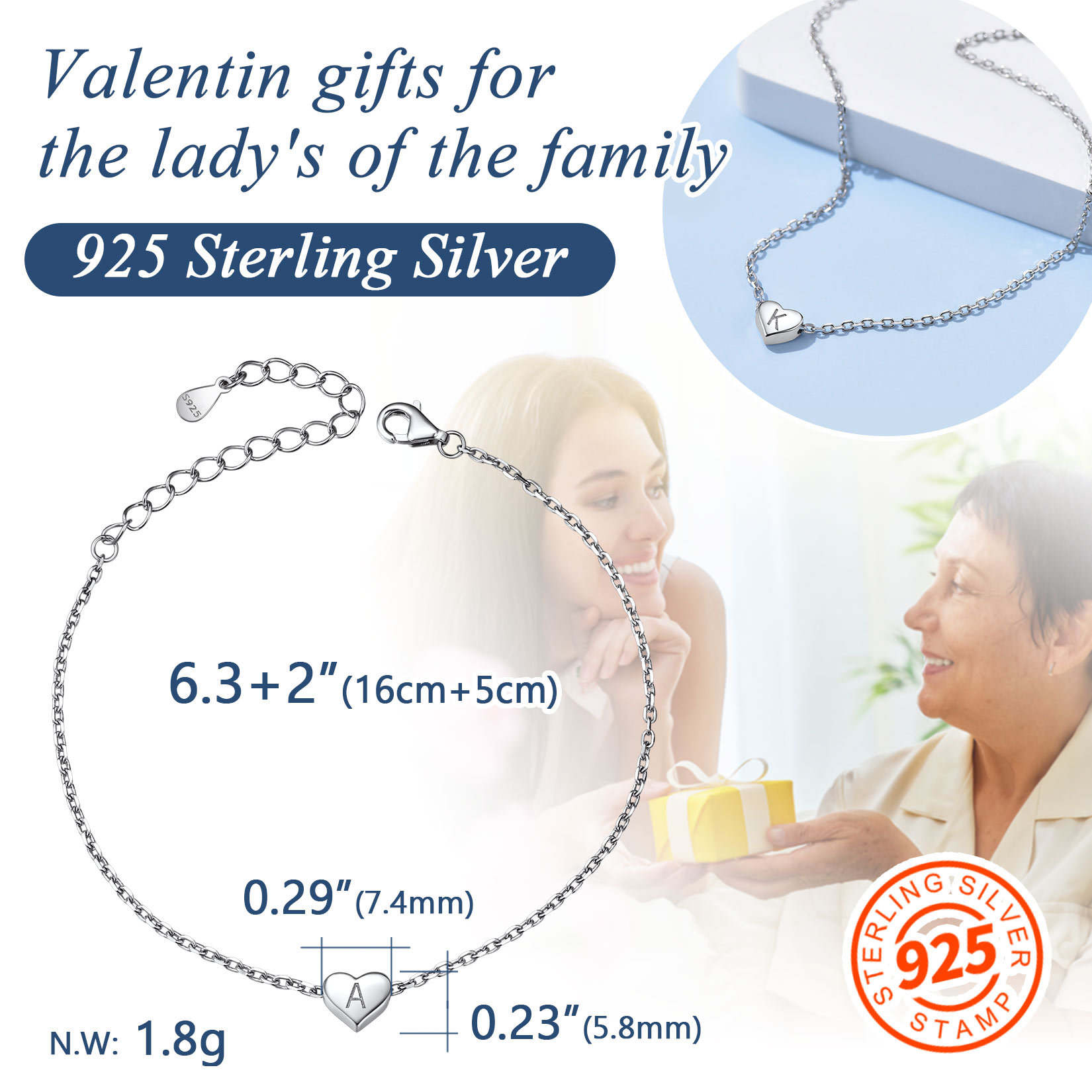 925 Sterling Silver Initial Heart Letter Bracelet for Women