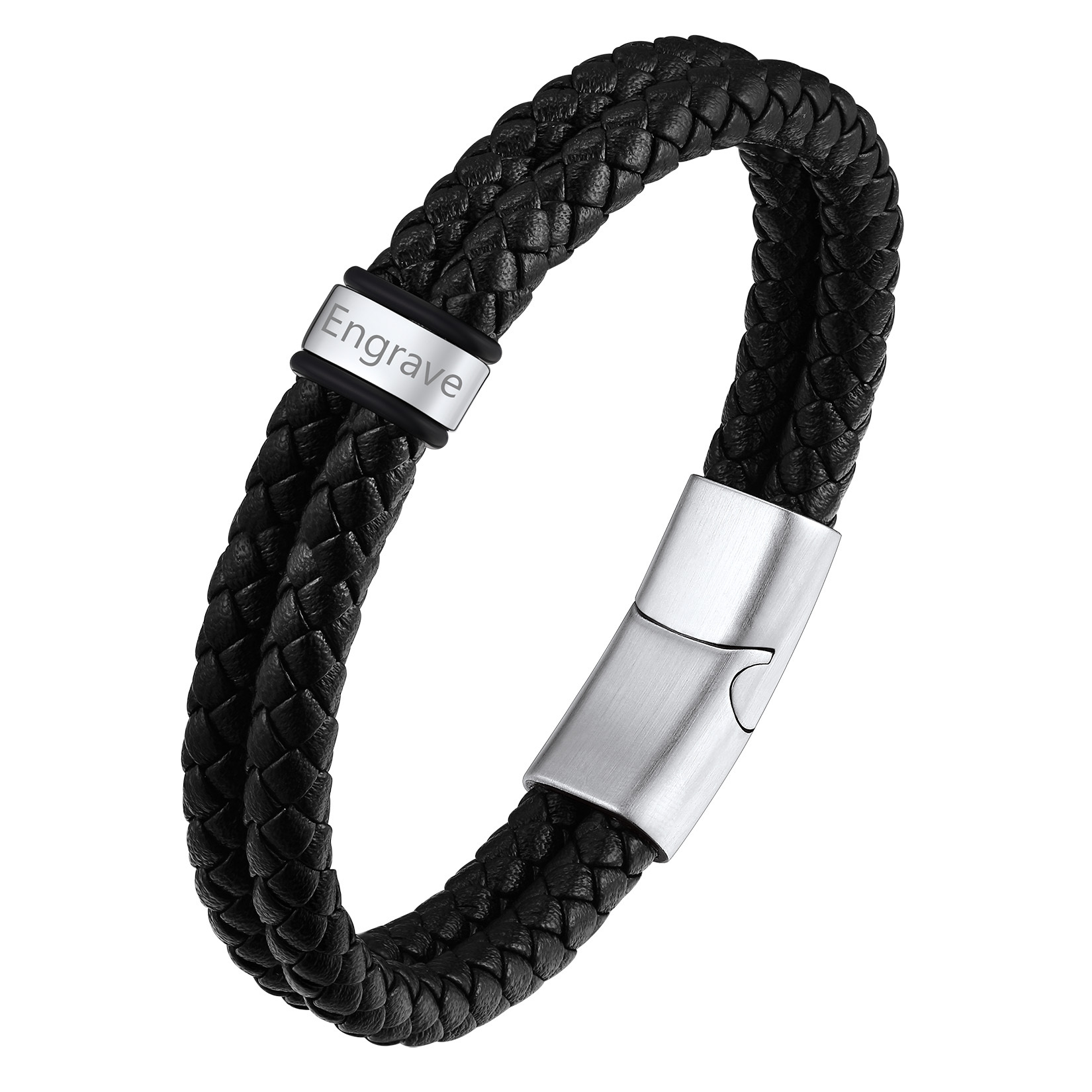 Custom Name Beaded Braided Leather Bracelets For Men Silver 1