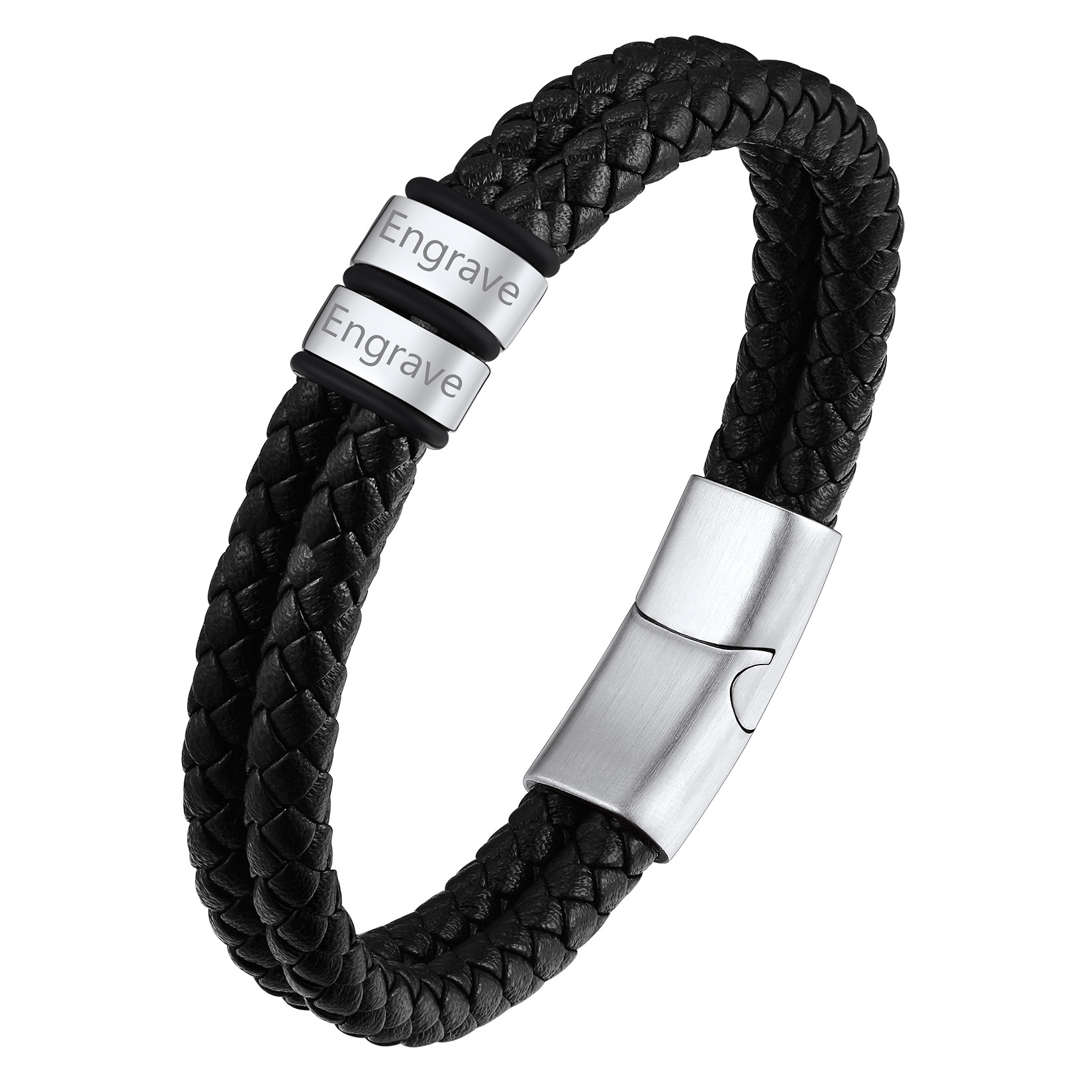 Custom Name Beaded Braided Leather Bracelets For Men Silver 2