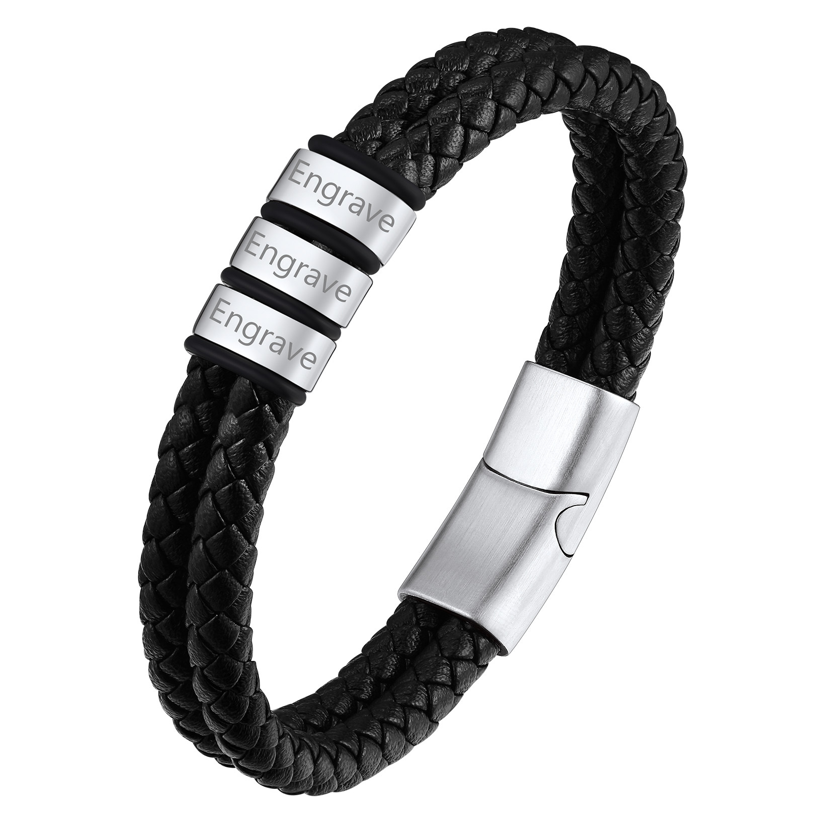 Custom Name Beaded Braided Leather Bracelets For Men Silver 3