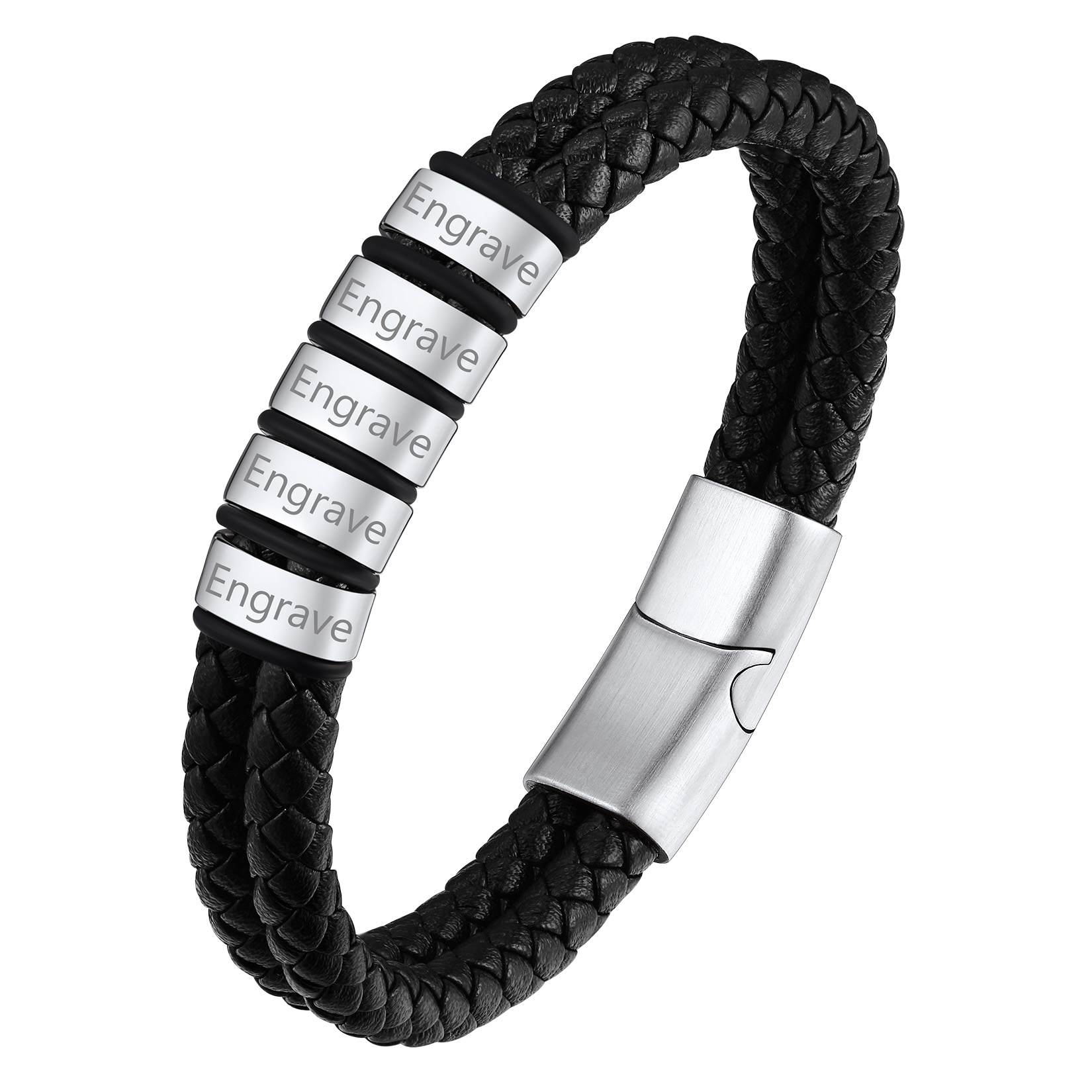 Custom Name Beaded Braided Leather Bracelets For Men Silver 5