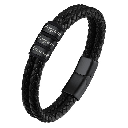 Custom Name Beaded Braided Leather Bracelets For Men black 3