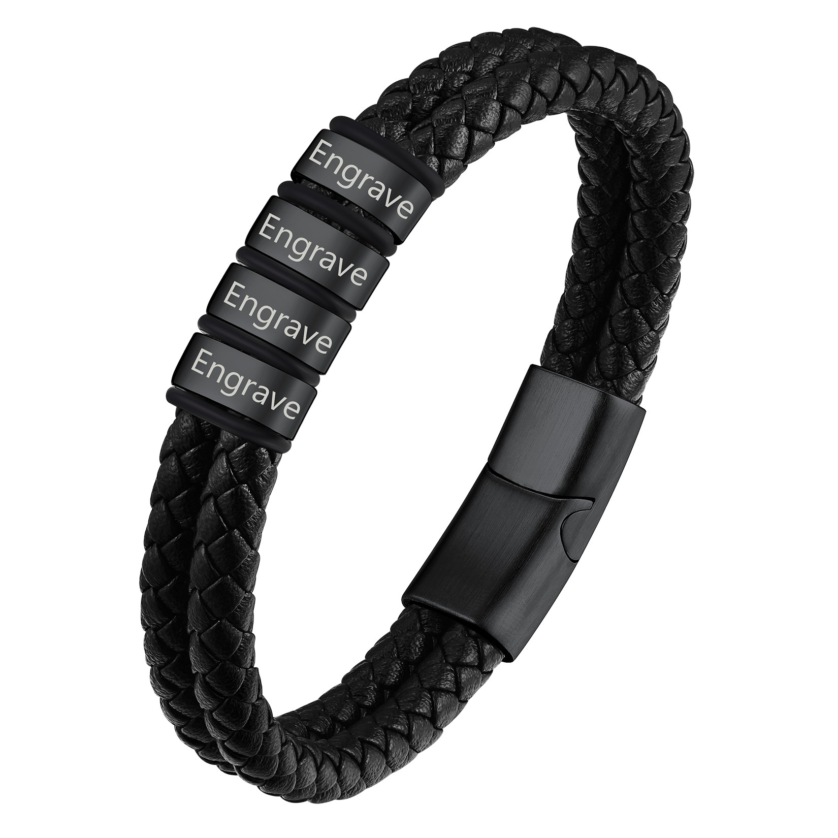 Custom Name Beaded Braided Leather Bracelets For Men black 4