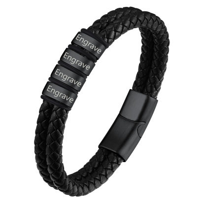 Custom Name Beaded Braided Leather Bracelets For Men black 4