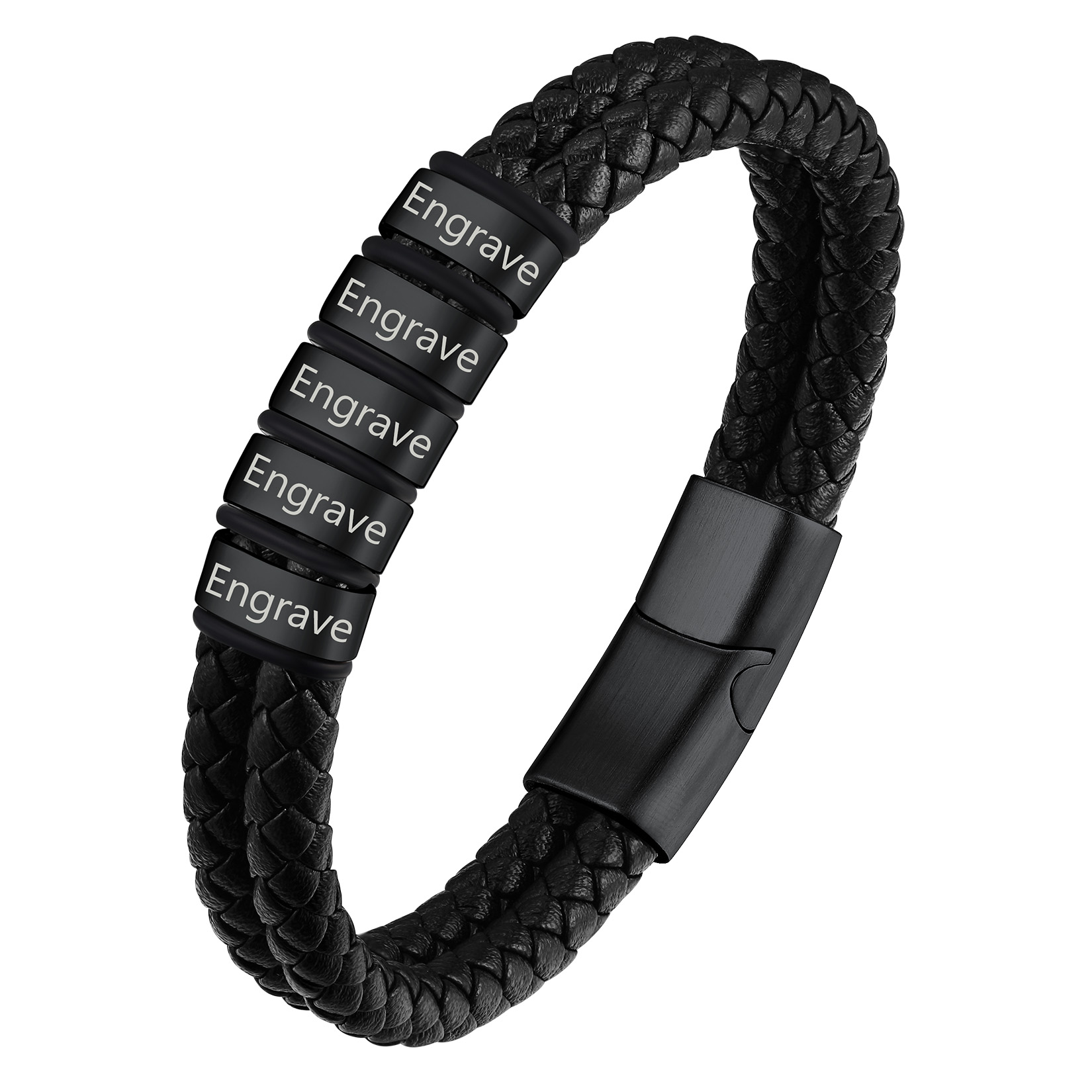 Custom Name Beaded Braided Leather Bracelets For Men black 5