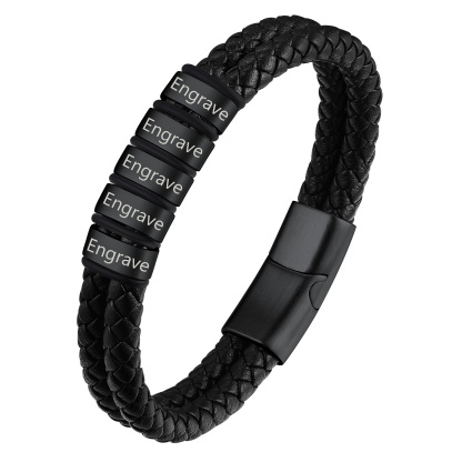Custom Name Beaded Braided Leather Bracelets For Men black 5